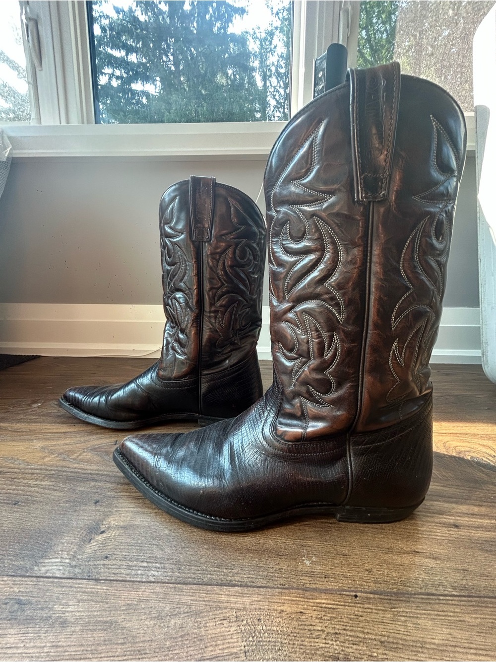 1990’s Vintage Sancho Men's Brown Leather Cowboy Boots with Embroidered Shaft